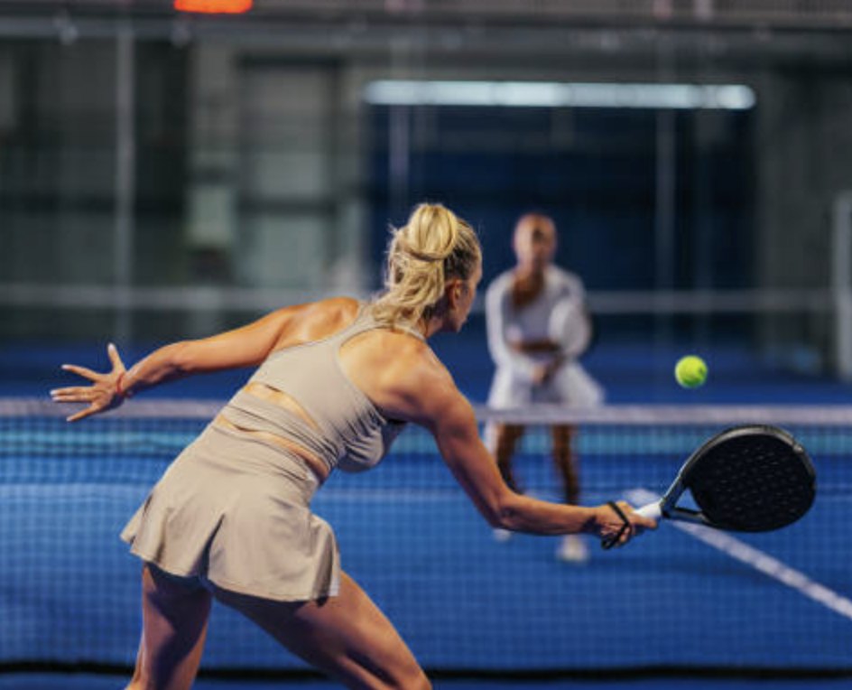 Player mid-rally at a padel meet